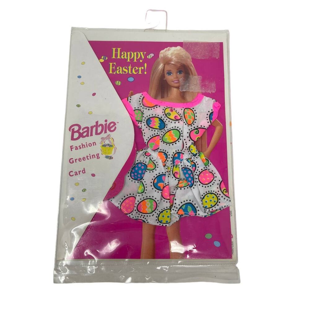 Vintage 1995 Barbie HAPPY EASTER Fashion Greeting Card PINK EGG Dress